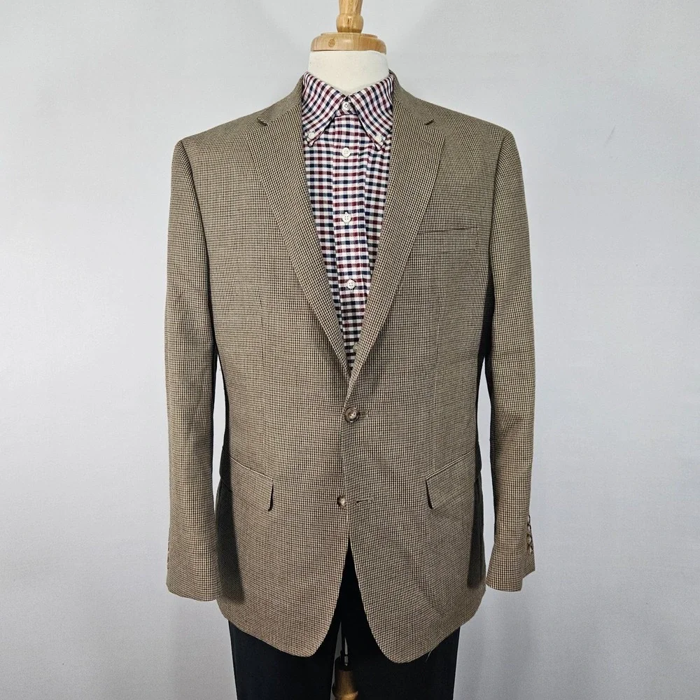 Chaps Men's Sport Coat Blazer Two Button Brown Houndstooth Poly Blend Sz 42L